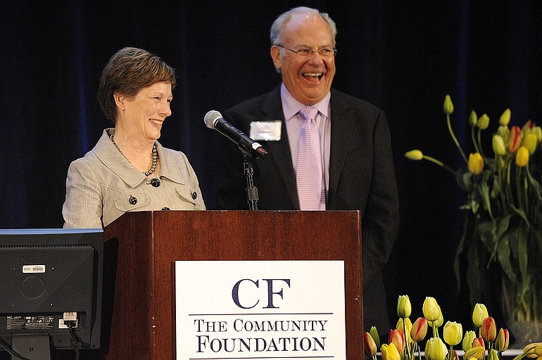 Connie and Lee Kearney accept their award as philanthropists of the year at the Annual 2011 Luncheon for The Community Foundation on Tuesday.