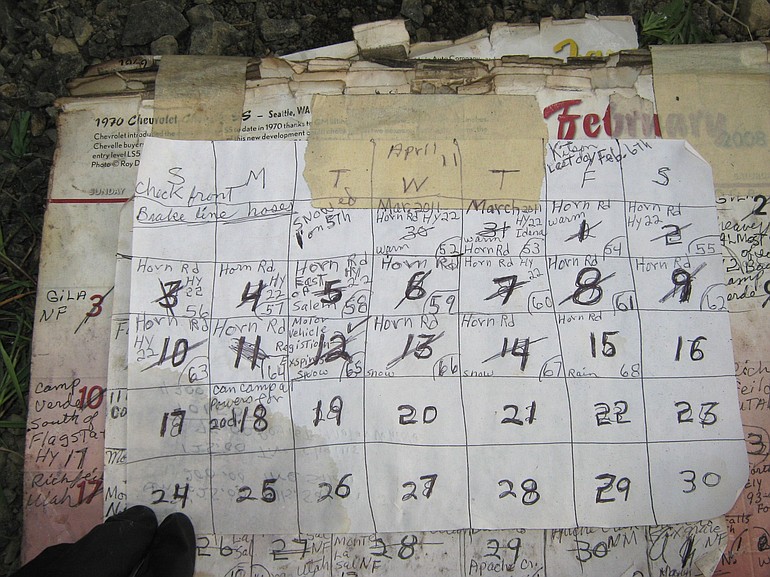 A homemade calendar was found in Jerry William McDonald's 1997 GMC pickup discovered on a Forest Service road about four miles from Marion Forks, Ore.
