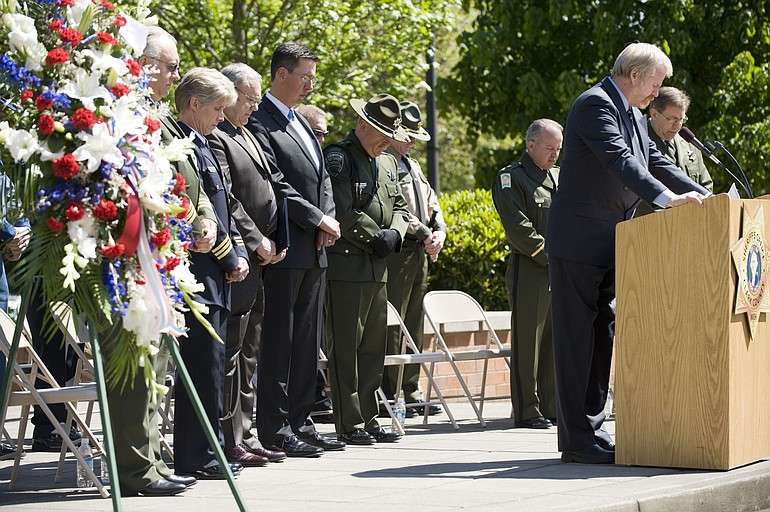Pastor Matt Hannan gives the Invocation at the 2011 Clark County Law Enforcement Memorial at the Public Service Center Thursday.