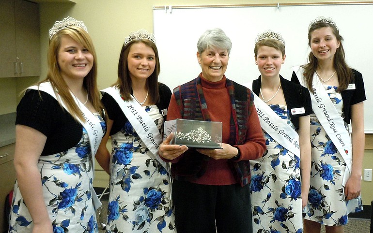 Battle Ground: Betty Davenport showed the 2011 Battle Ground Rose Princesses the tiara she wore as the Queen in Calico of the 1955 Battle Ground Centennial during their visit to the Daughters of the Pioneers of Washington meeting.