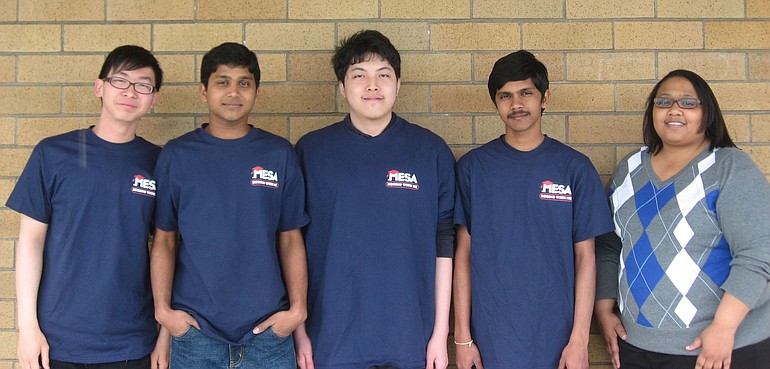 Mountain View's Math, Engineering and Science Achievement team -- Jonathan Wu, from left, Arnikan Baleswaran, Kuei-Jih &quot;Brian&quot; Lu, Arranan Baleswaran and their coach, Emika Allen -- won the 2011 State MESA Day Competition on May 14.