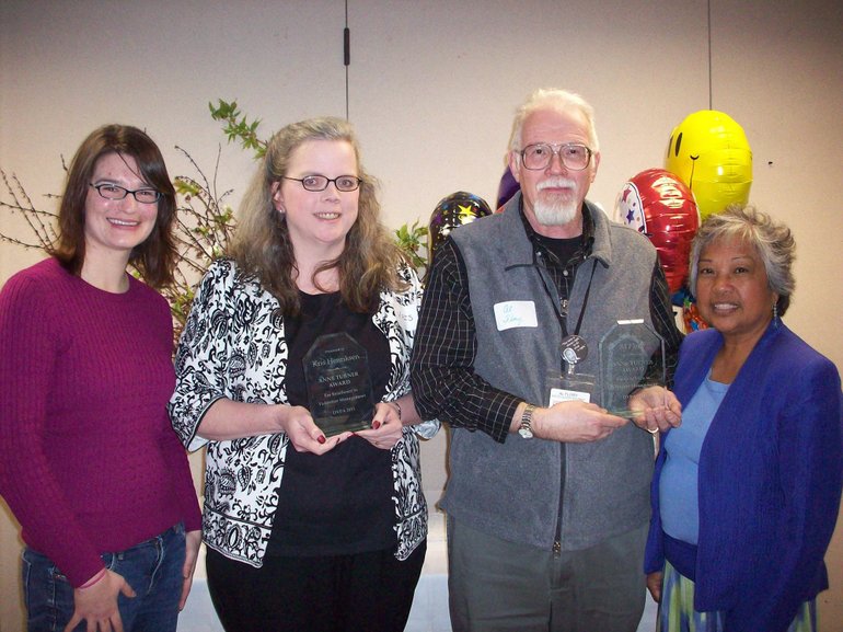 DVPA co-chair, Lisa Beranek, from left, Clark Public Utilities' Stream Team; Anne Turner Award for Excellence in Volunteer Management recipients Kris Henriksen, Clark County Center for Community Health, and Al Flory, YWCA; and Bernie Gerhardt, Family and Social Services.