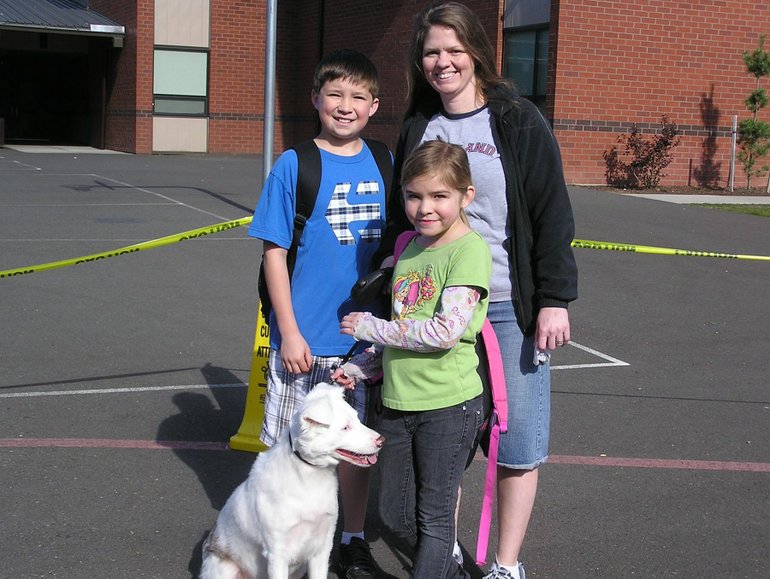 Landover-Sharmel: Jennifer Torres, her grandchildren Brendon and Kierston Torres-Young, and their Australian shepherd, Sydney-Spring, participated in Walk &amp; Roll Day on May 18 at Endeavour Elementary School in Vancouver.