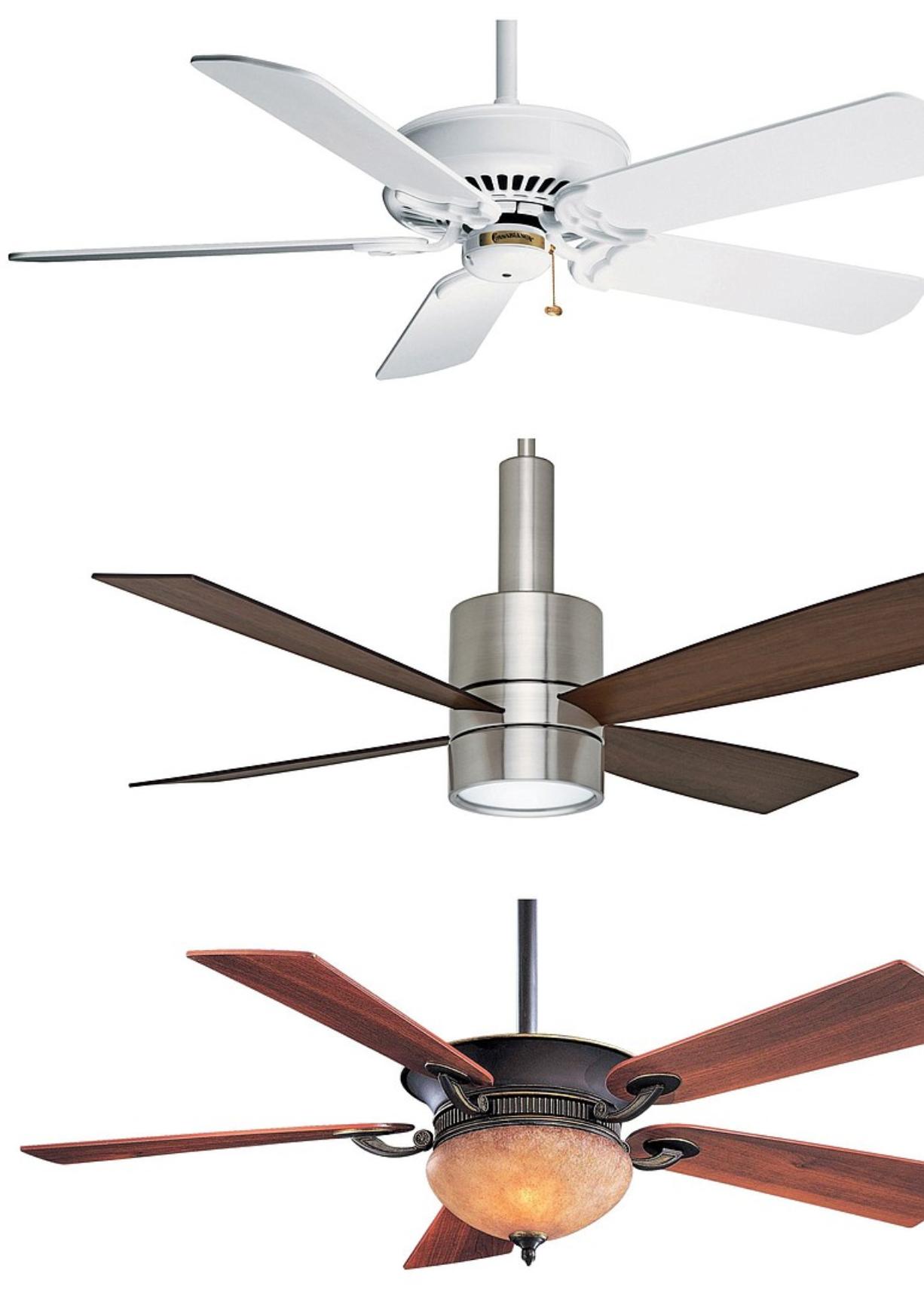 Recommended ceiling fans: Delano by Minka-Aire ($429), from bottom; Panama by Casablanca ($299); and Bullet by Casablanca ($419).