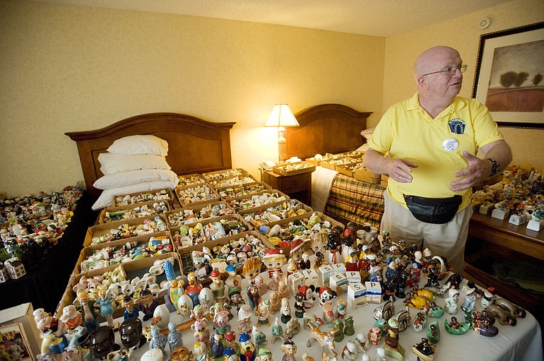Larry Carey shows off about 800 shakers that he brought to sell at the convention.