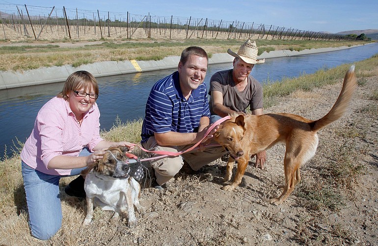 Noya Deats, left and Matt Deats hold onto their dogs, Fawn, right, and Nia, as Jesus Villanueva, right, looks on near the canal where Villanueva rescued the dogs in Moxee.