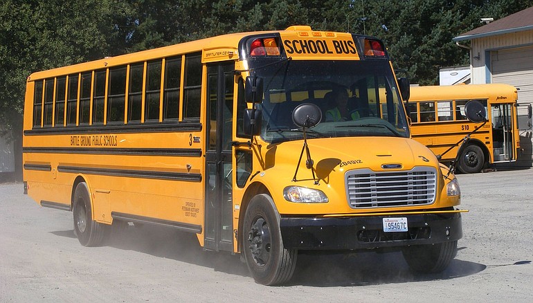 One of 41 new buses in the Battle Ground Public Schools fleet this year. The Hockinson district also gained 18 buses. Each full-size model cost about $87,500 at book value (pre-tax).