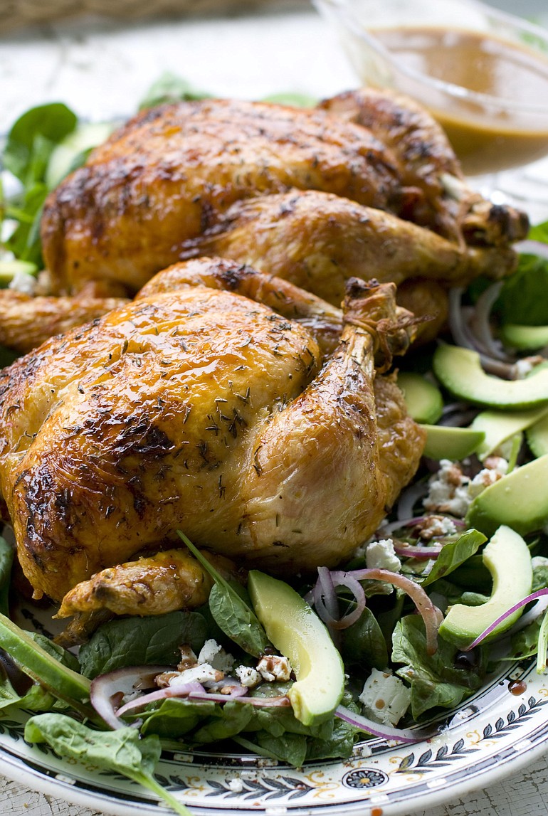 Honey-Thyme Glazed Chickens with Cider Gravy and Baby Spinach Salad can be tailored to any region by using a local wildflower honey and a cider made with heirloom apples.