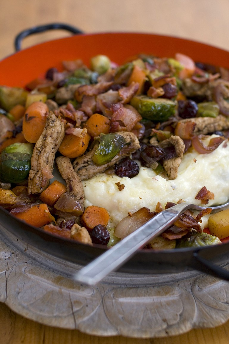 Fall Stir-fry with Mashed Potatoes uses produce and seasonings appropriate to the season.