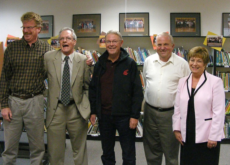 Former Maple Grove Primary principals and their last year at the school, from left, are Steve Lien, 2005; Tom Nadal, 1998; Chuck Anderson, 1986; and Duane Rose, 1983, with current principal Barbara Baird.