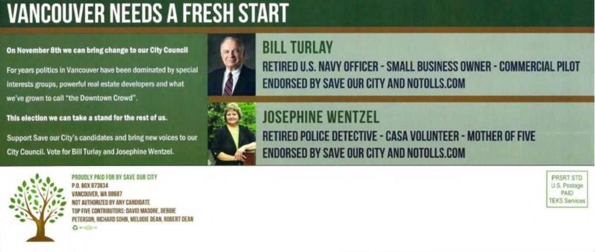 The latest flier sent by Political Action Committee Save Our City, which Vancouver residents received Monday. It claims Vancouver City Council candidate Josephine Wentzel is a Court Appointed Special Advocate volunteer. No local records could initially be found to verify that claim.
