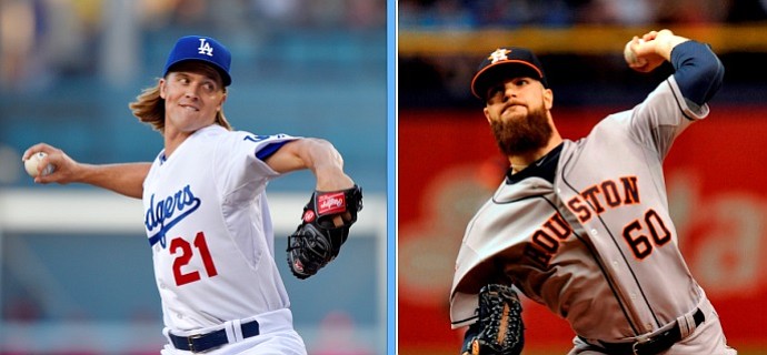 Los Angeles Dodgers' Zack Greinke (left) and Houston Astros' Dallas Keuchel have been named starting pitchers for the 2015 All-Star Game on Tuesday, July 14, 2015.