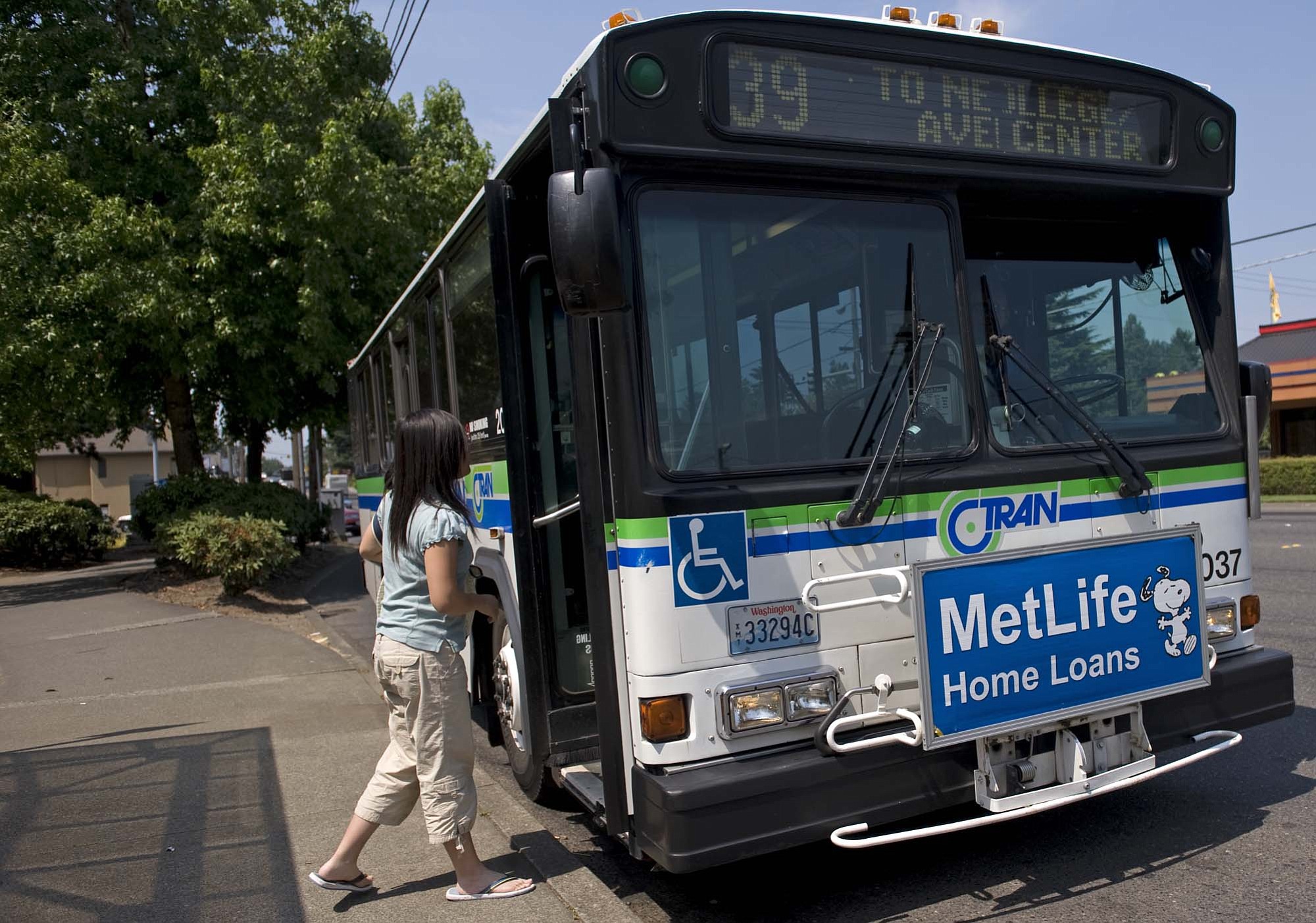 C-Tran's Route 39 bus stops for a passenger on East Fourth Plain Boulevard  on Aug.