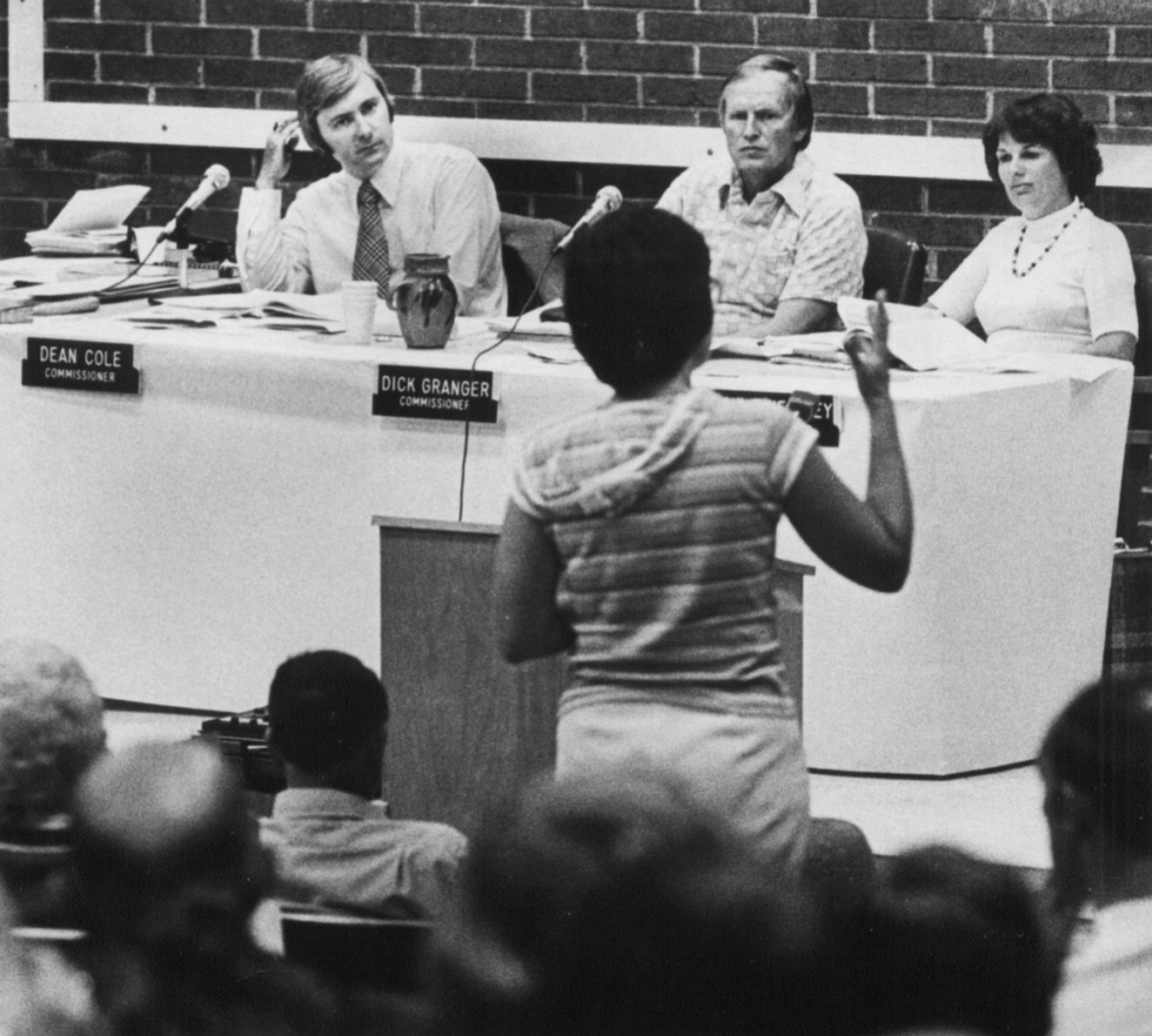 An audience member addresses Clark County Commissioners Dean Cole, from left, Dick Granger and Connie Kearney at a meeting in the 1970s.