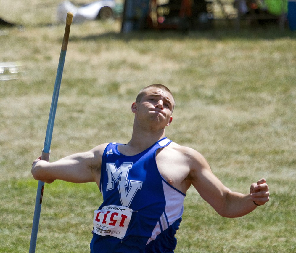 Mountain View's Lexington Reese gets ready to cut one loose during the 4A boys javelin on Saturday, May 30, 2015, in the finals at the state track and field meet in Tacoma. Reese placed third in the event.