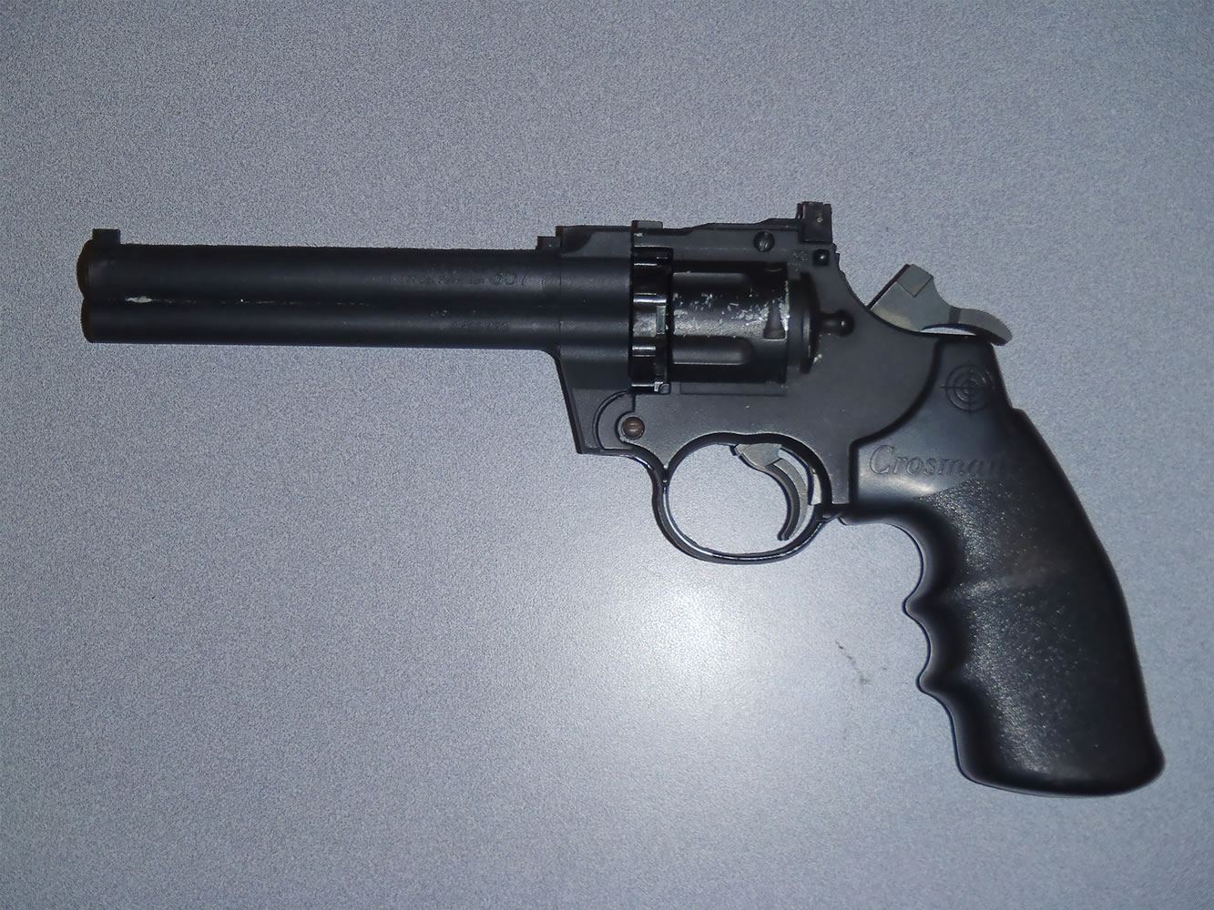 Camas police say they seized this plastic pellet gun that resembles a .357 revolver in this photo provided Friday.
