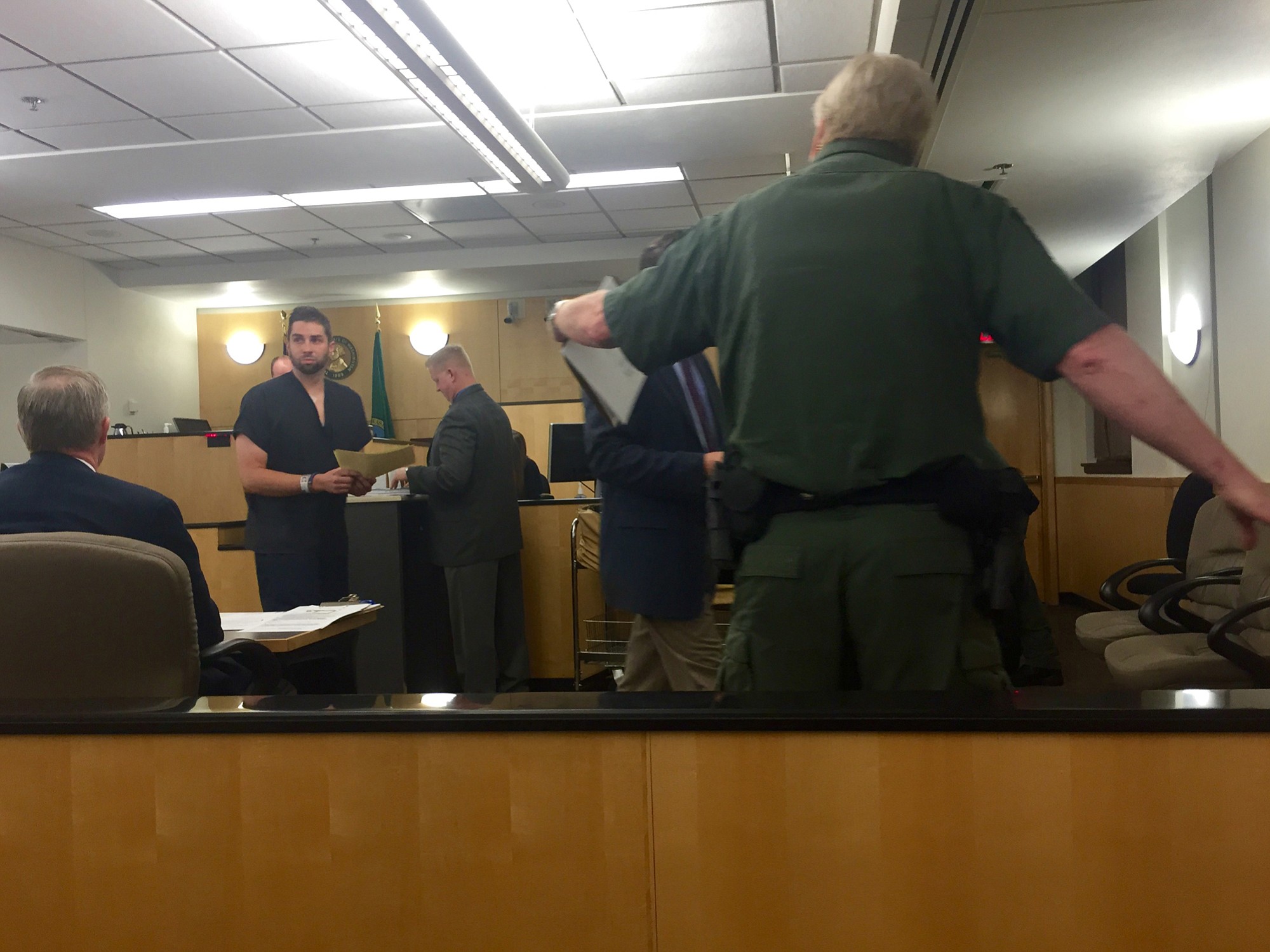 Justin Robert Kolke, 27, makes a first appearance Friday in Clark County Superior Court on suspicion of vehicular assault and felony hit-and-run, both domestic violence-related charges.