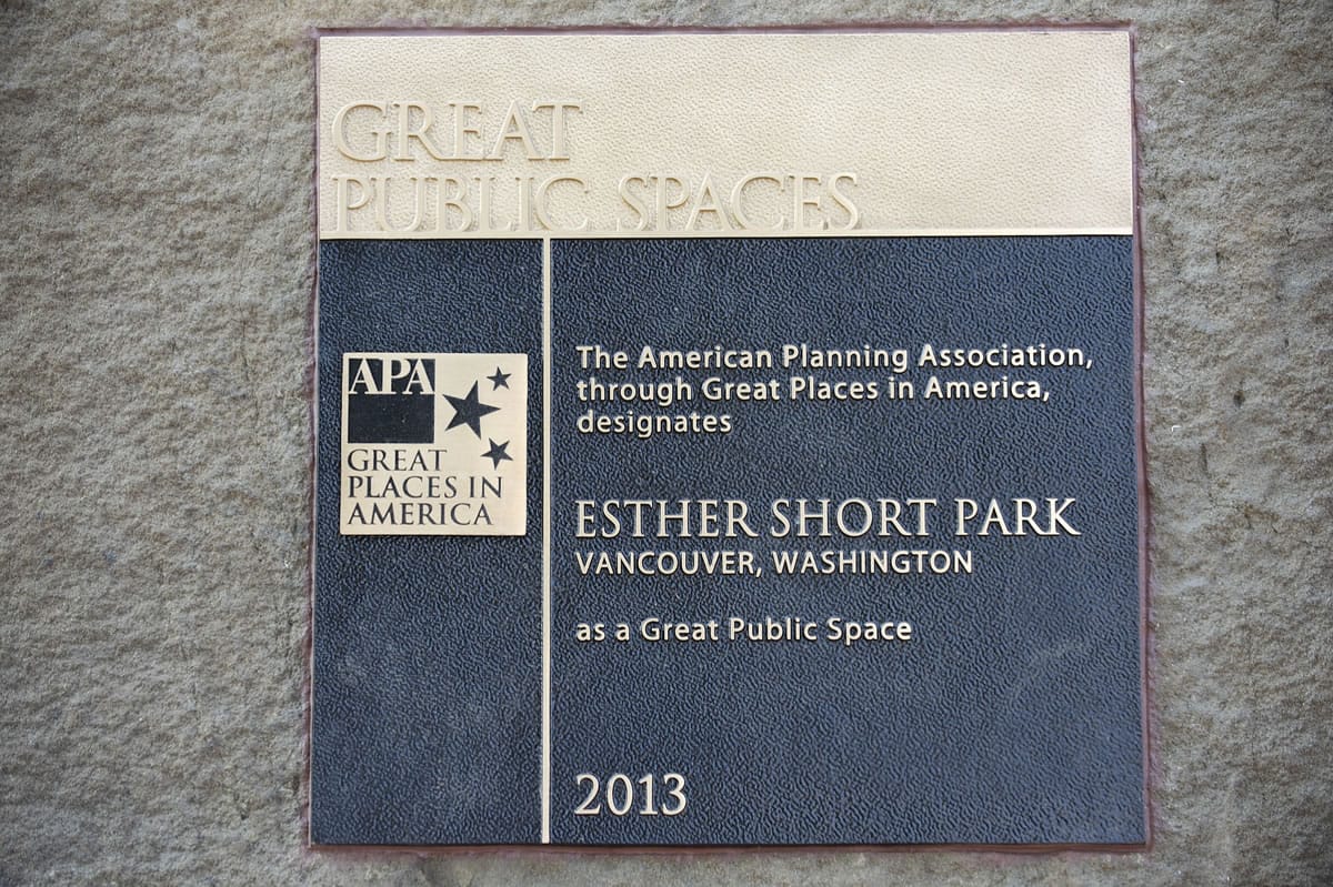 A plaque commemorating Esther Short Park's designation among Great Public Spaces was installed near the base of the bell tower in the downtown Vancouver park.