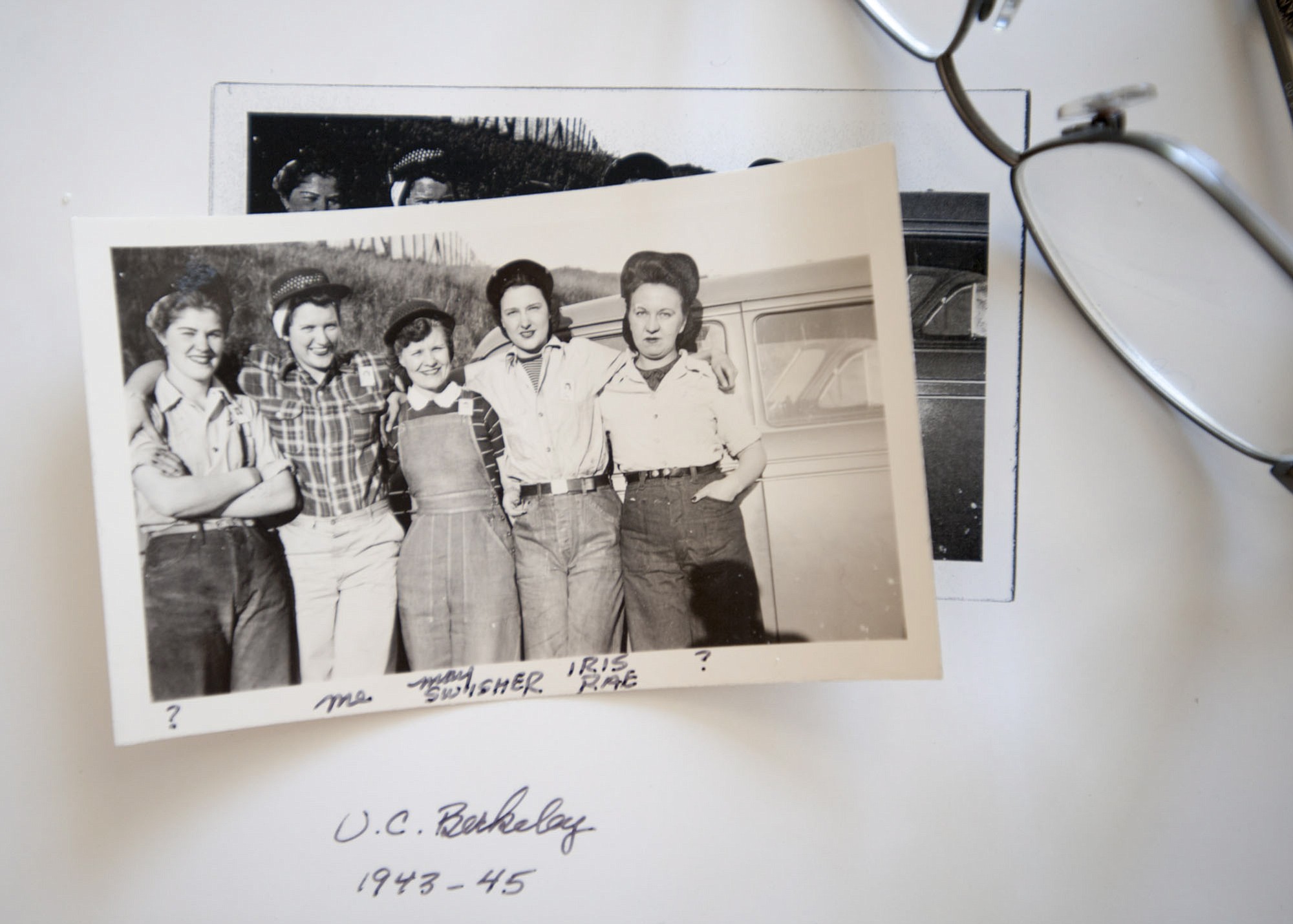 Martha Frederick, second from left, with other women in the swing-shift crew at the machine shop during World War II.