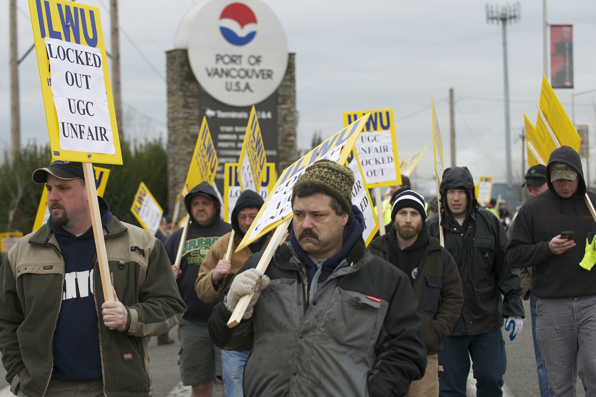 Nearly 50 workers picket outside the main entrance to the Port of Vancouver on Feb. 27, 2013.