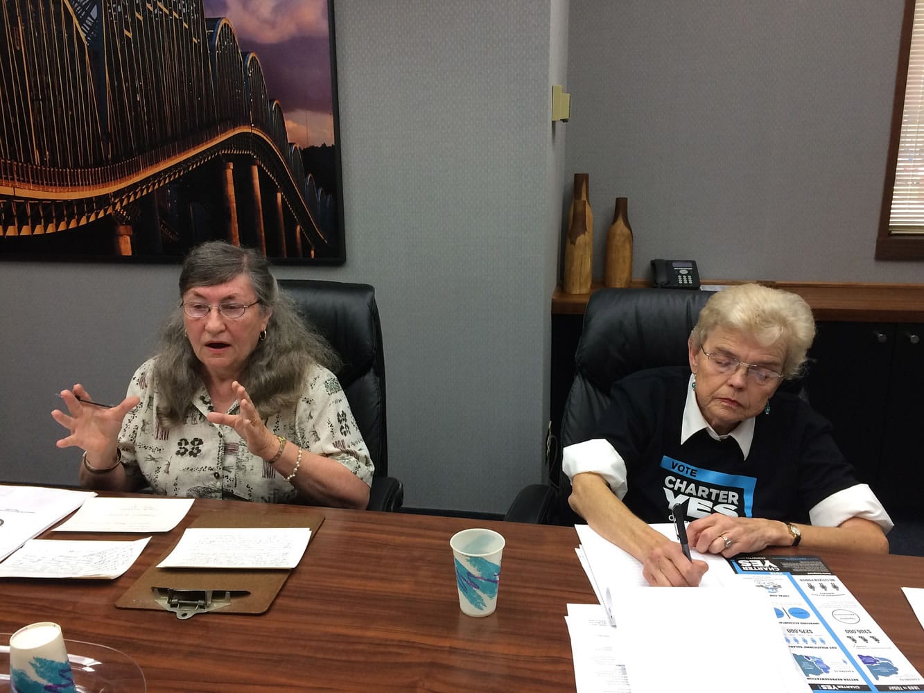 Lou Brancaccio/The Columbian
Judith Anderson, left, and Nan Henriksen, right, discuss the proposed home rule charter with The Columbian's editorial board.
