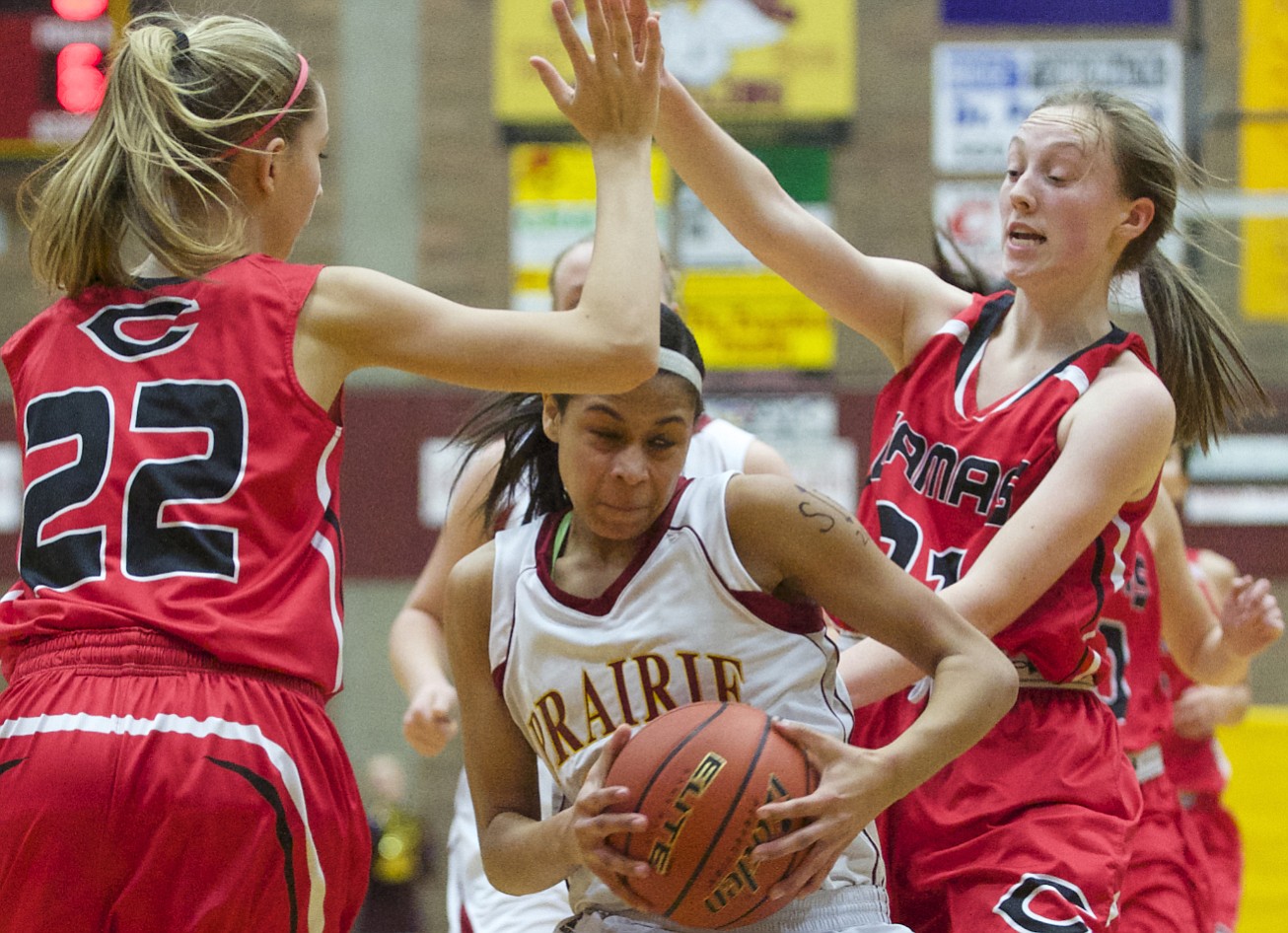 Prairie's Cherita Daugherty drives to the basket against Camas in a game earlier this season.