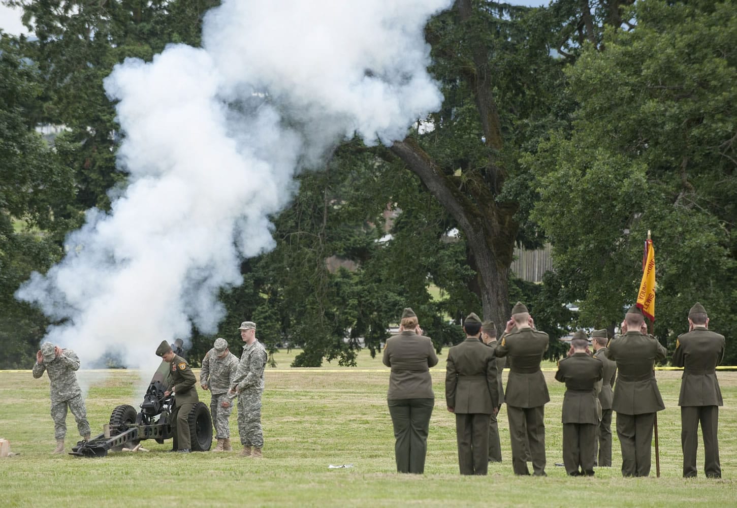 Second Battalion, 146th Field Artillery fire a cannon Monday at the annual Memorial Day ceremony at Fort Vancouver.