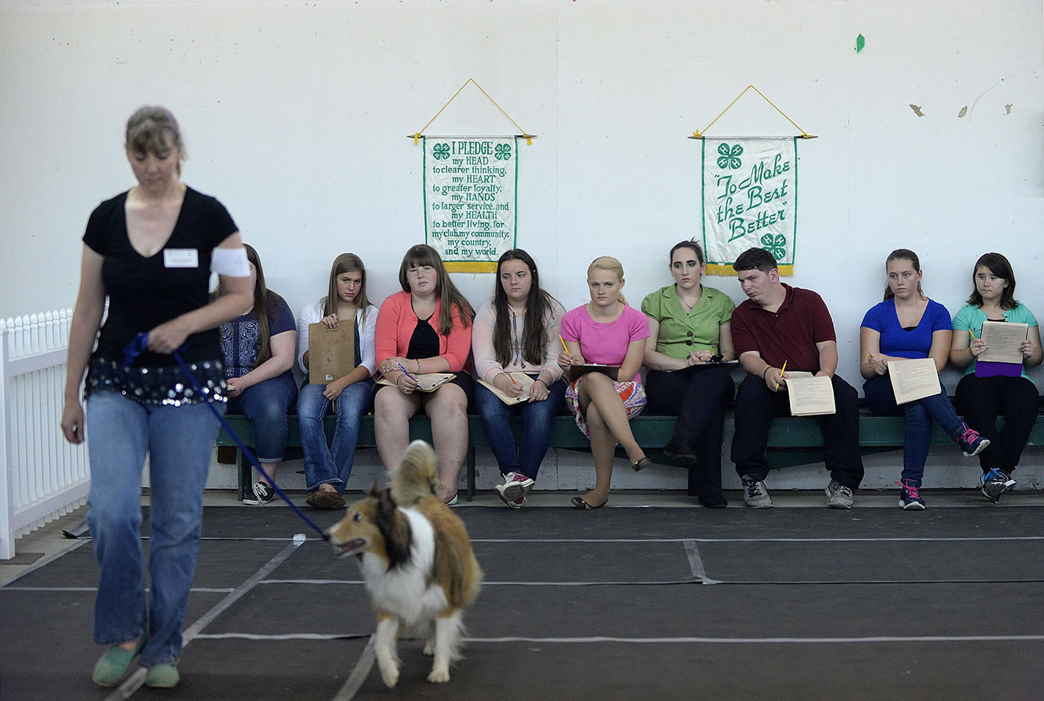 Photos by Amanda Cowan/The Columbian
Bobbe Whetsell, a 4-H volunteer, shows her dog, Maya, at the Clark County Fair on Monday. Whetsell was showing her Sheltie to help the 4-H participants hone their judging skills.