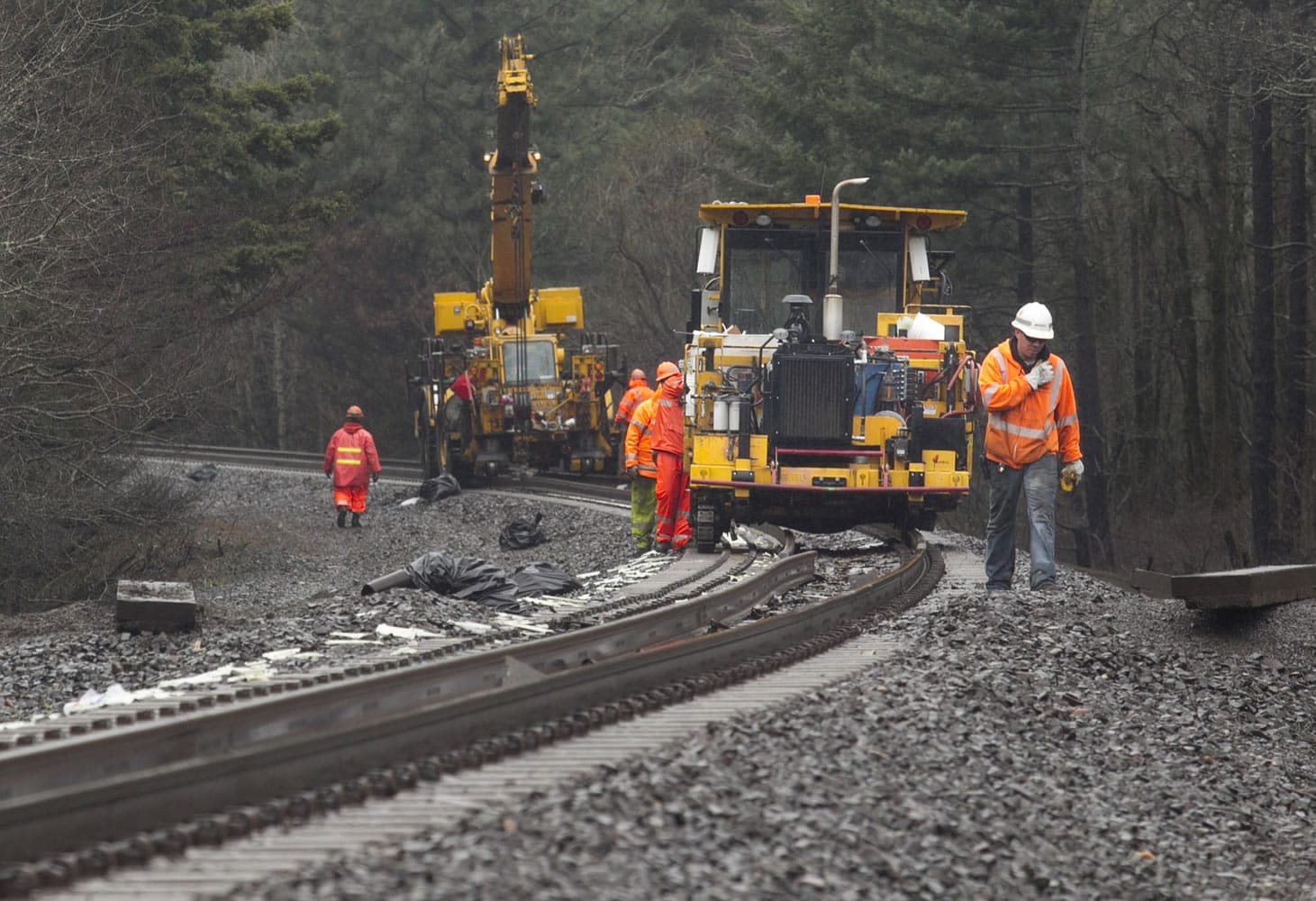 BNSF Railway workers make improvements to railroad trackage near Stevenson on Thursday.