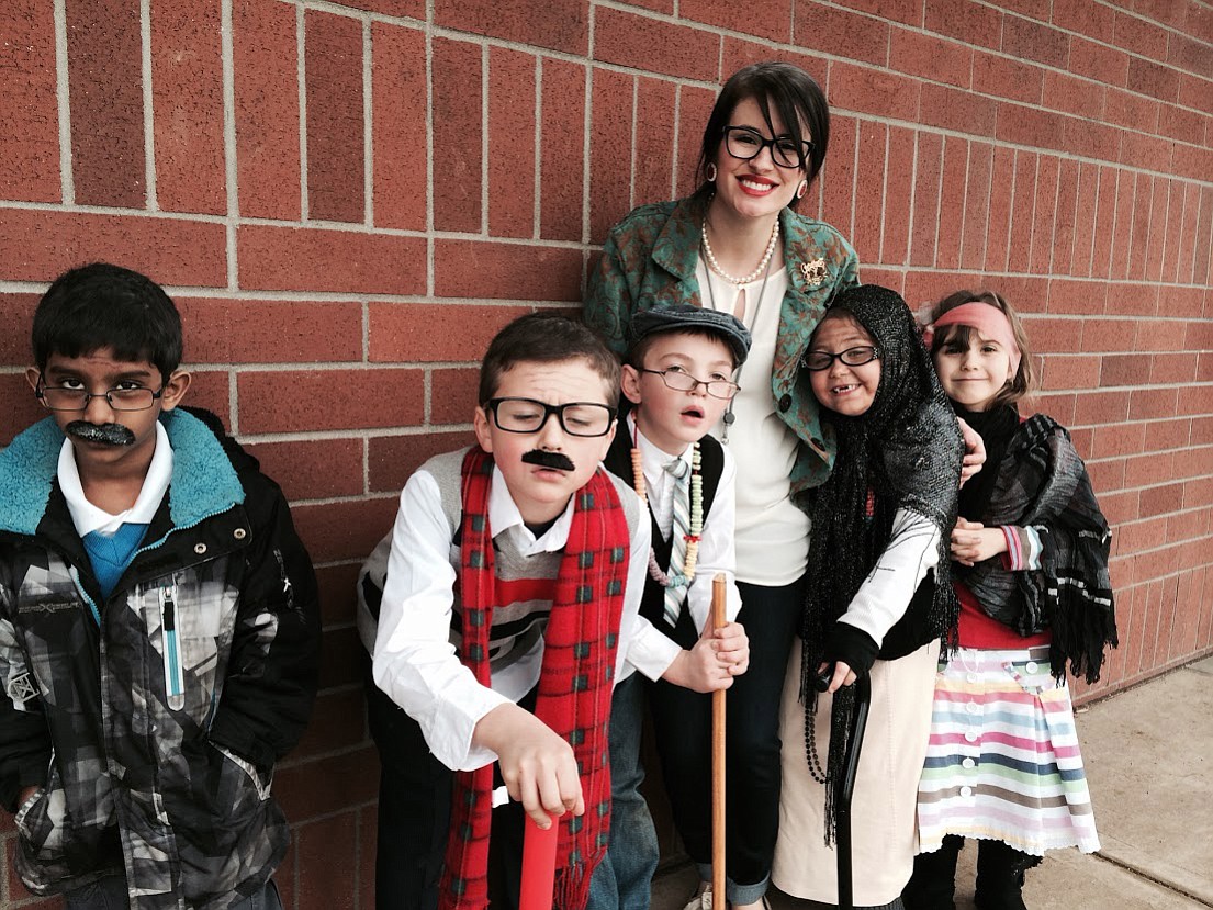 Battle Ground: Captain Strong Primary first-graders -- Rishi Chandra, from left, Xander Wingfield, Tristan Danner, Devon Accetta and Angelina Kovalenko, with teacher Emily Grant -- celebrate the 100th day of the school year by dressing as 100-year-olds.