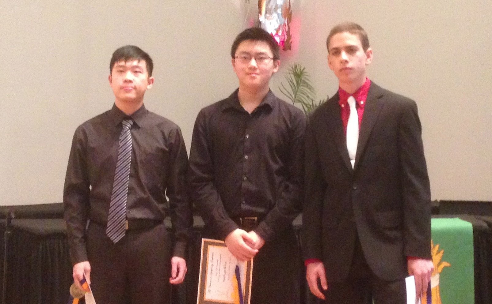 Vancouver: Violinist Yun Teng of Camas, from left, and pianists Nathan Kim of Newberg, Ore., and Matthieu Galizia of St. Helens, Ore., were gold-medal winners on Feb.