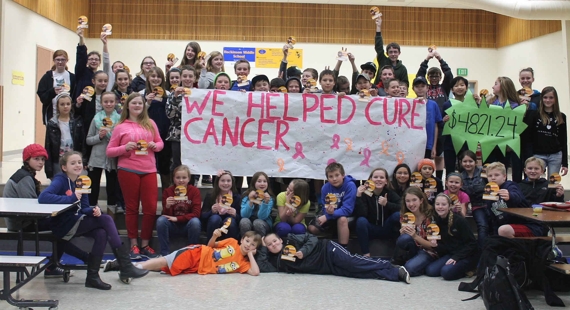 Hockinson: Sixth-graders at Hockinson Middle School celebrate after raising more than $4,000 in the Pennies for Patients Drive to benefit the Leukemia and Lymphoma Society.
