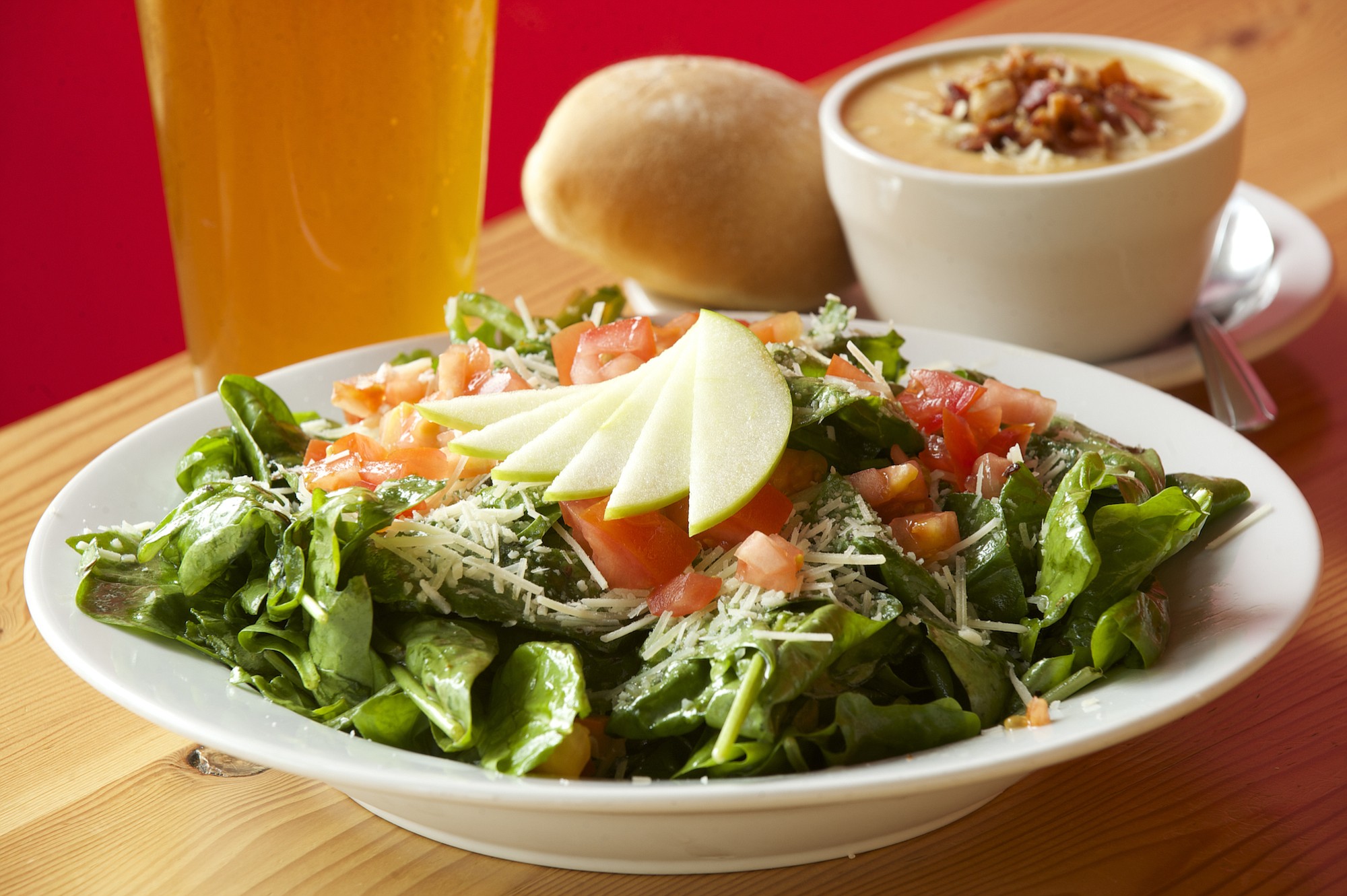 Spinach salad and beer cheese soup are amon the menu options at Amnesia Brewing in Washougal.