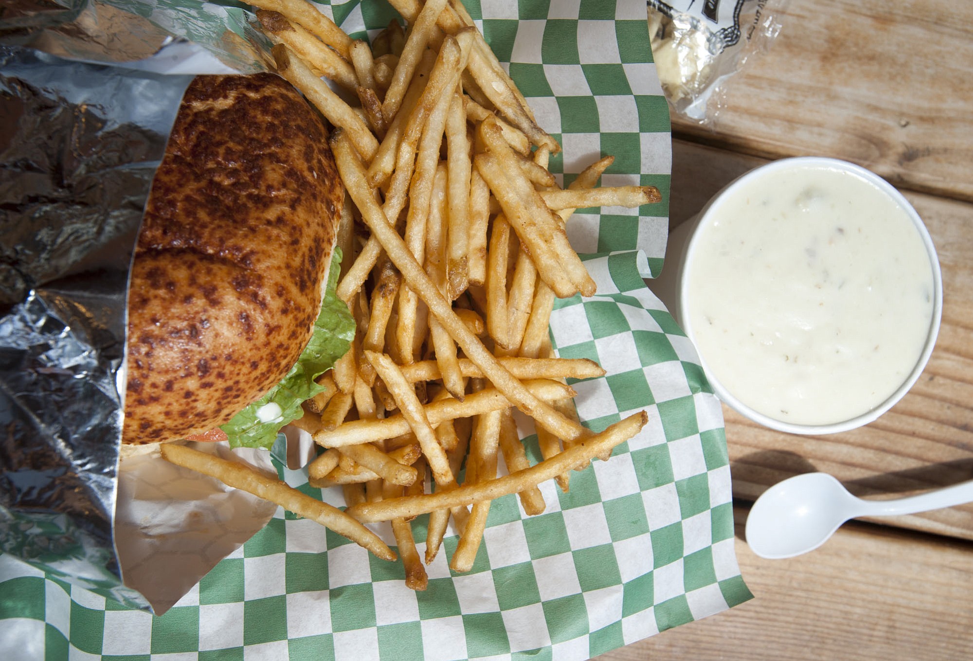 A halibut sandwich and clam chowder are served at Pacific Northwest Best Fish Co. in Ridgefield.