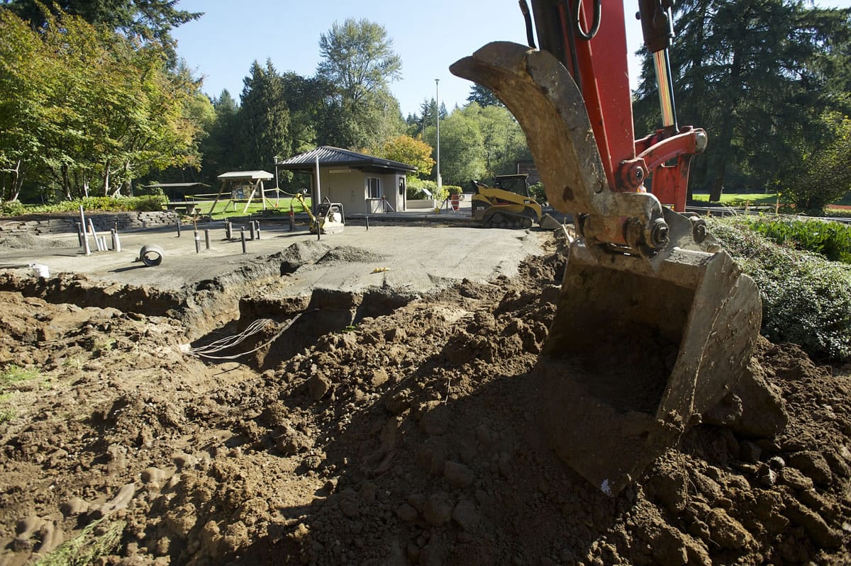 Photos by Steven Lane/The Columbian
The Washington State Department of Transportation is completely rebuilding the southbound Gee Creek Rest Area along Interstate 5 in Clark County. The facility, closed since Sept. 8, is expected to be open by Thanksgiving.