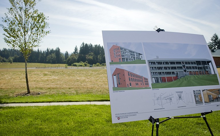 At the August groundbreaking for the Applied Technology building at Washington State University Vancouver, an architect's rendering of the building stands on an easel.