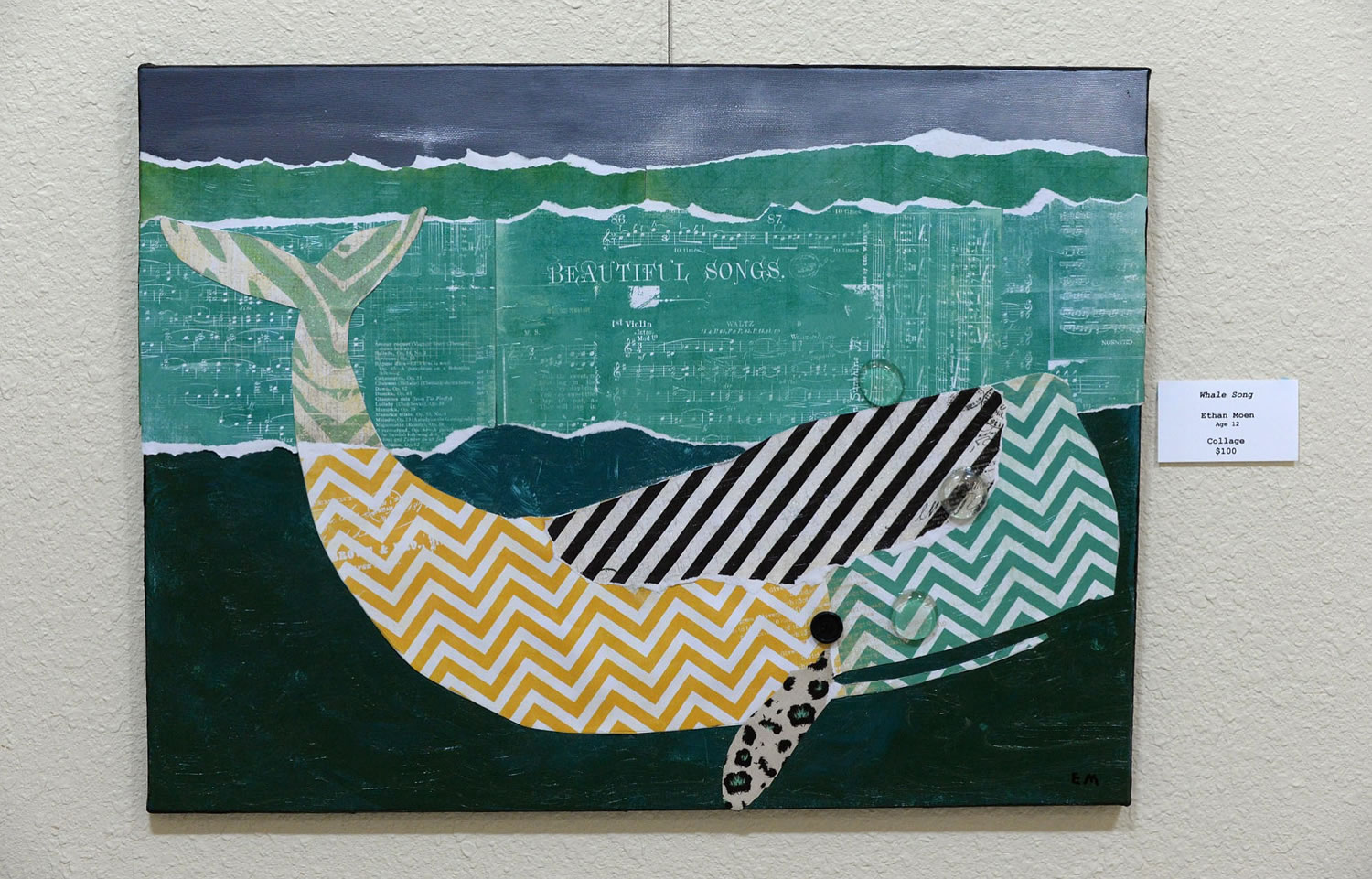 &quot;Whale Song&quot; by Vancouver artist Ethan Moen, 12, hangs on a wall at Gallery 360 in the Slocum House during First Friday Artwalk on Friday evening, August 7, 2015.