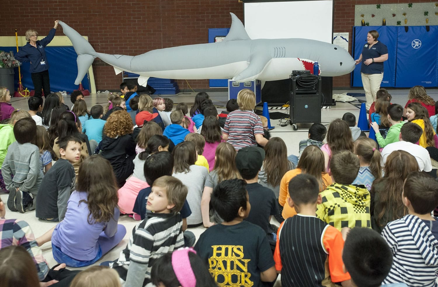 Students from Orchards Elementary School learn about sharks during a presentation Tuesday by the Oregon Coast Aquarium in Vancouver.