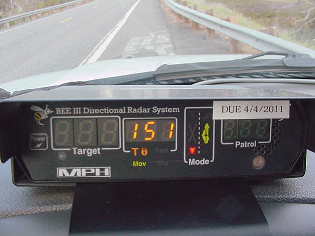 A state trooper's rear-facing radar unit indicates that a motorcycle that had just passed by him on state Highway 14 near Goldendale was doing 151 mph.