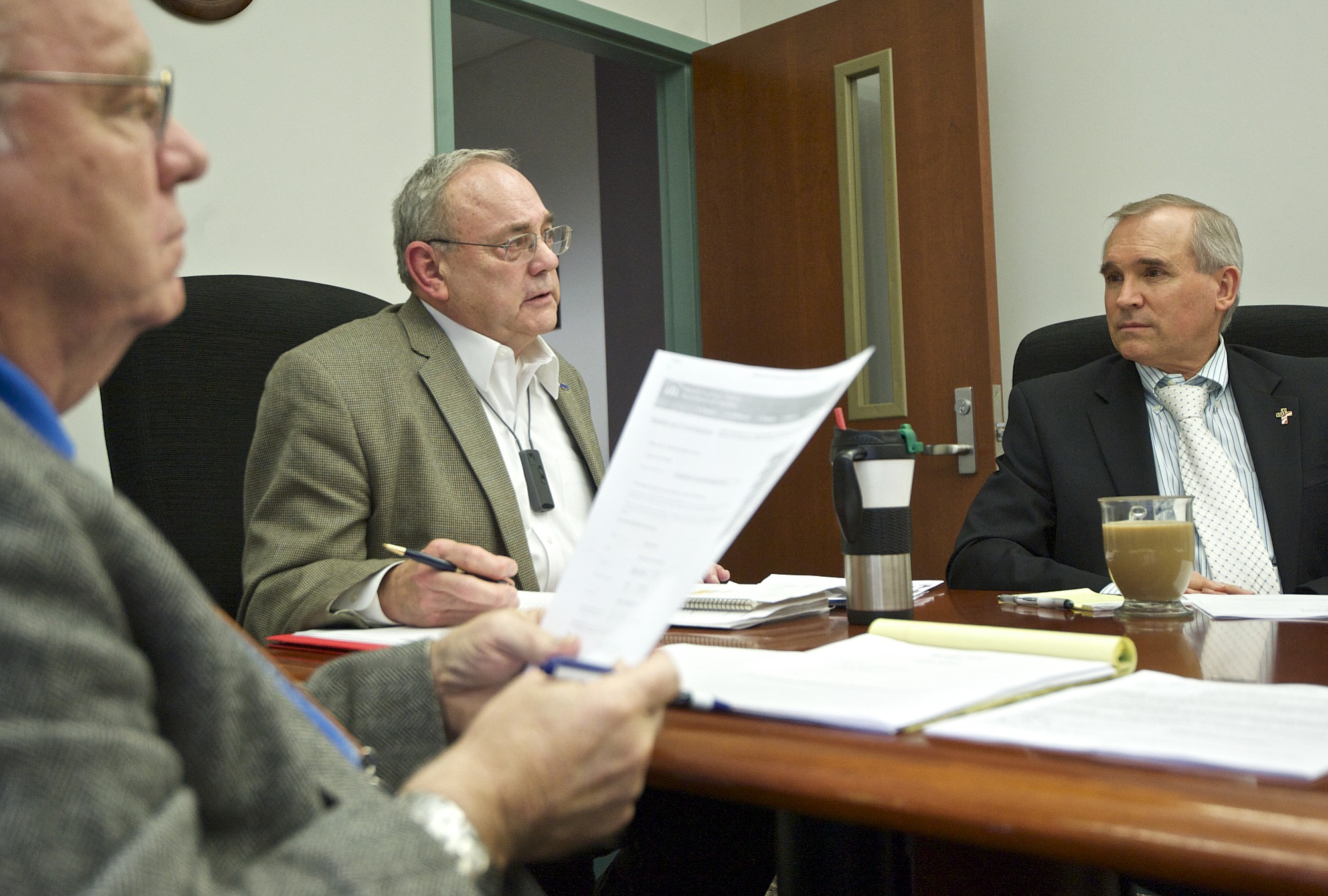 Clark County commissioners, from left, Ed Barnes, Tom Mielke and David Madore, take part in a board time session at the Clark County Public Service Center on Wednesday.