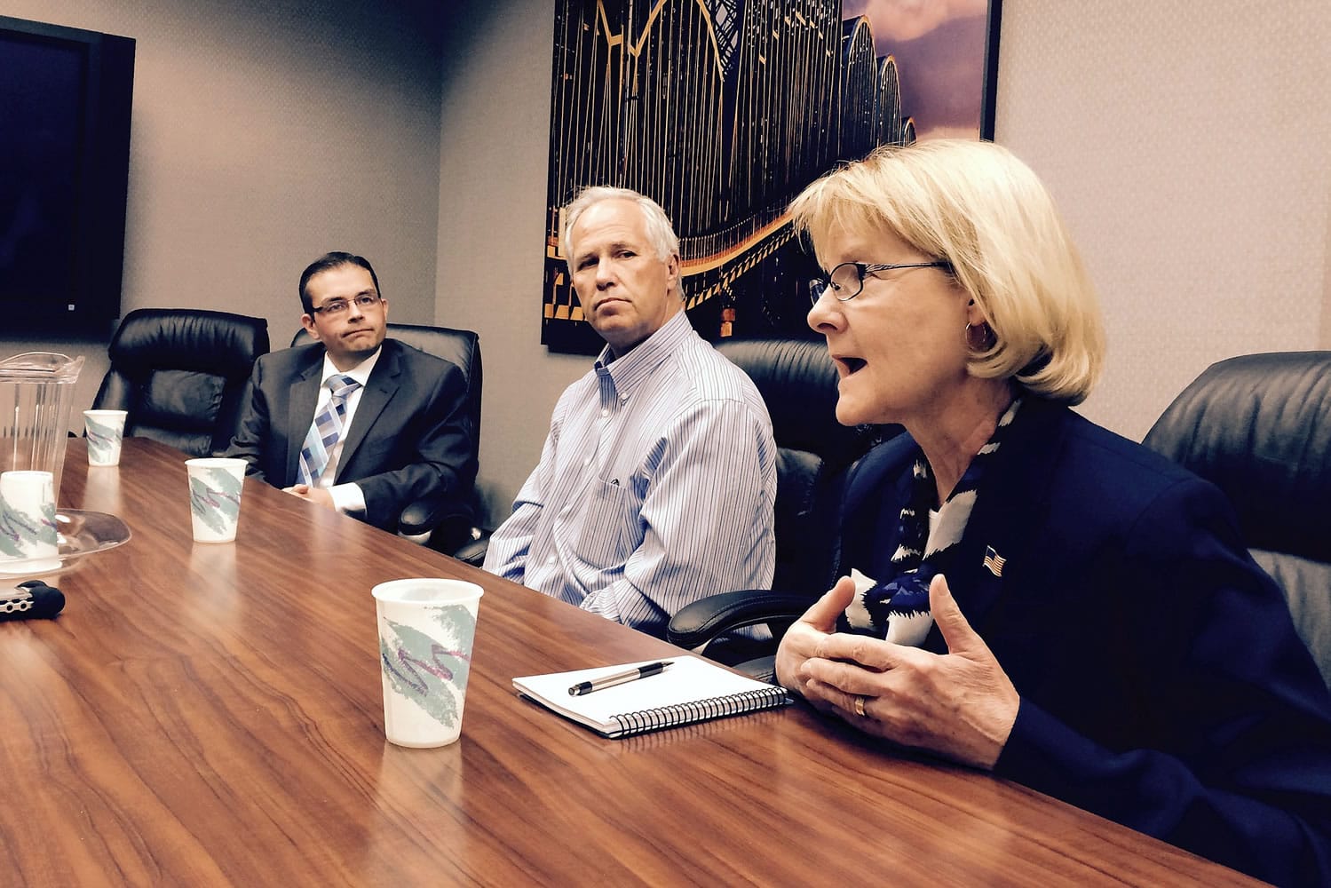 Clark County council chair candidates, from left, Mike Dalesandro, Marc Boldt and Jeanne Stewart meet with The Columbian's editorial board Friday.