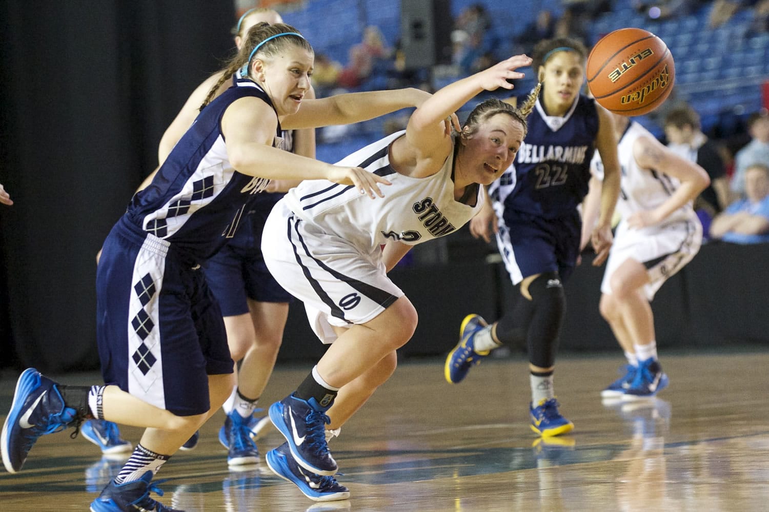Hannahjoy Adams fights for a lose ball as Skyview looses to Bellarmine Prep 51-35 at the 2015 WIAA Hardwood Classic Girls 4A tournament at the Tacoma Dome, Friday, March 6, 2015.