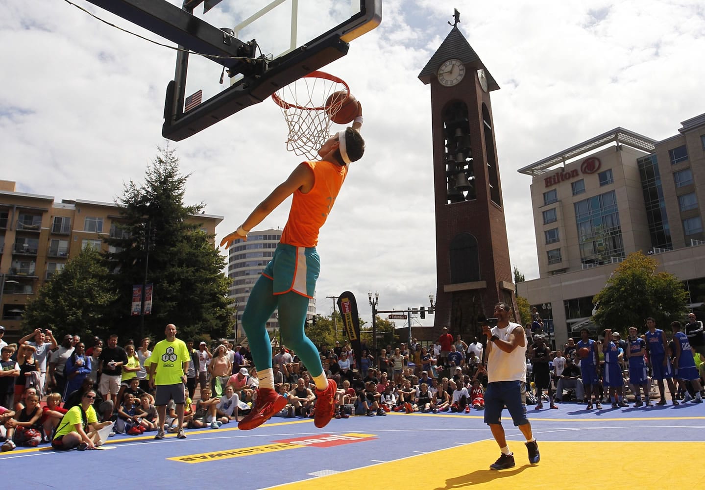 Tanner Fogle elevates in the slam dunk contest at Hoops on the River Saturday in Esther Short Park in downtown Vancouver.