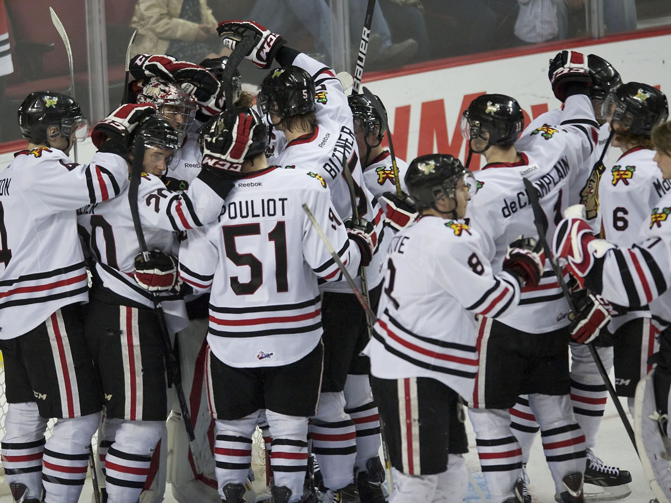 The Portland Winterhawks celebrate a 3-0 victory against the Spokane Chiefs in game two of a second round playoff matchup on Saturday April 6, 2013. Portland takes a 2-0 lead in the series.