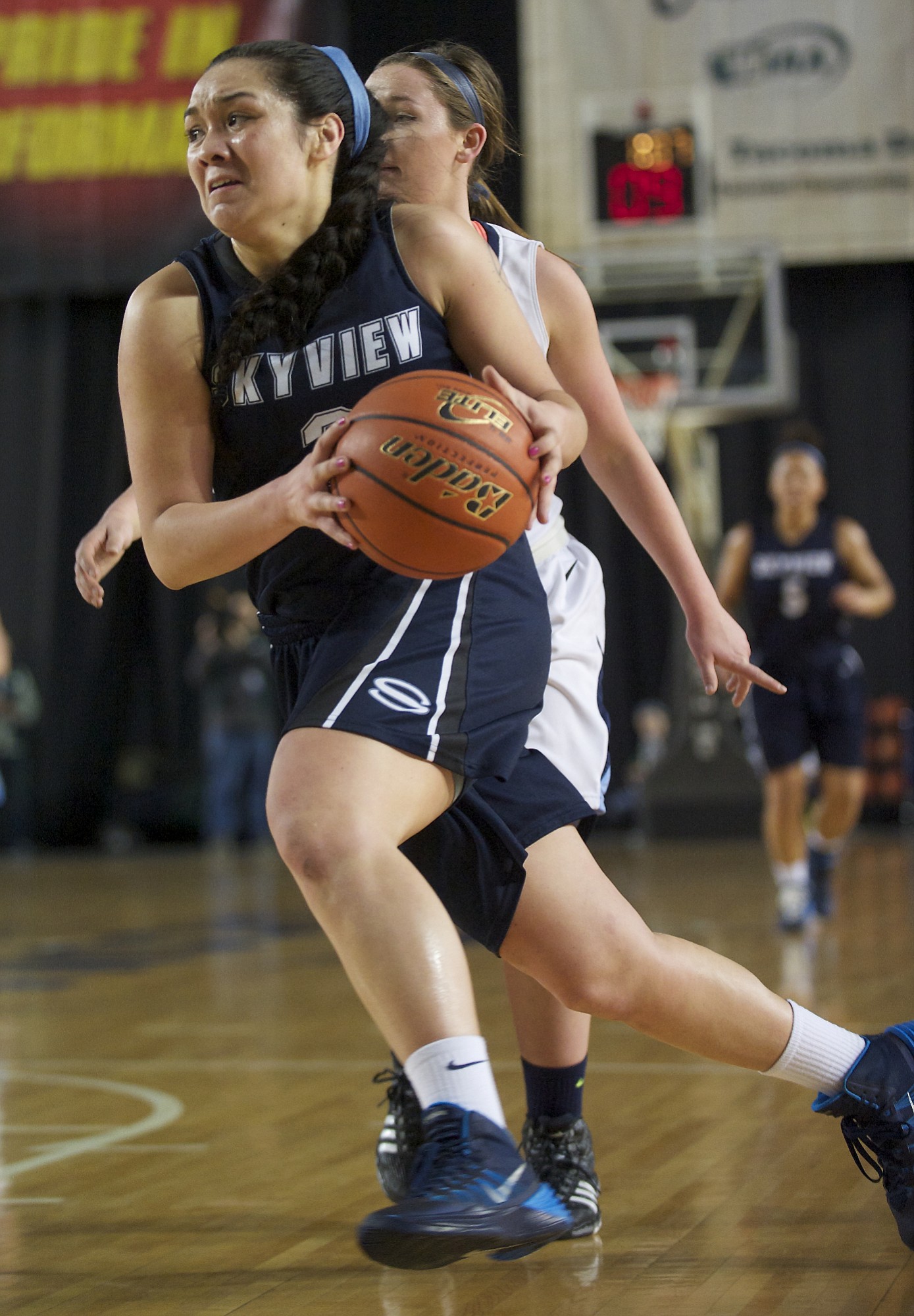 Skyview's Stephanie McDonagh drives to the hoop against Gonzaga Prep during the first half of an opening round game in the Class 4A state tournament at the Tacoma Dome on Thursday March 6, 2014.