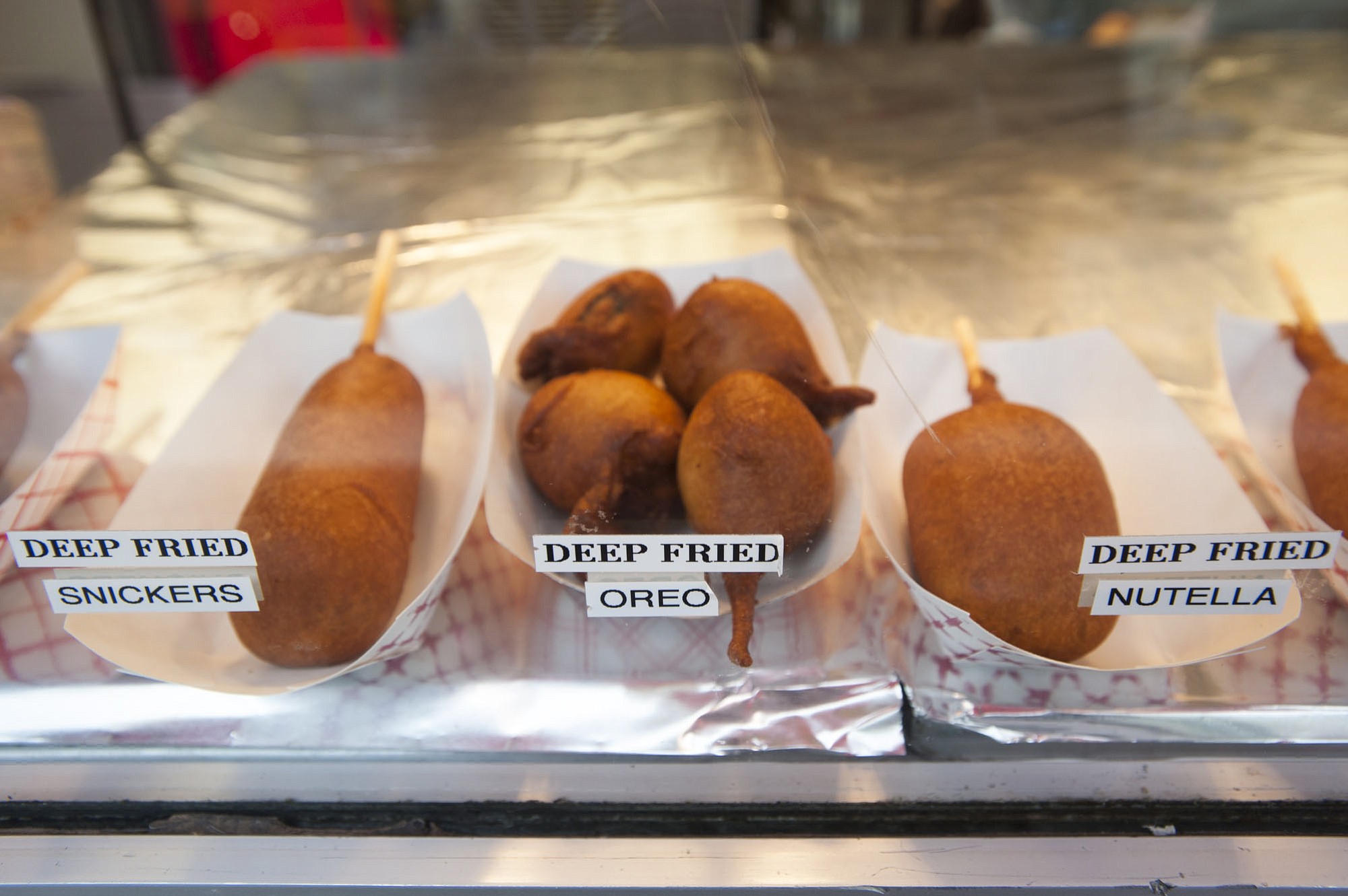 Deep-fried chocolate snacks are seen at the Clark County Fairgrounds  in Ridgefield, Aug. 13, 2015.