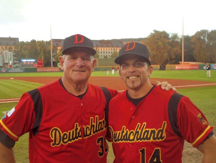 Don Freeman, left, with fellow Germany assistant coach Ulli Wermuth at the 2014 European baseball championships. Freeman is the new manager of the Mainz Athletics in Germany's professional baseball league.