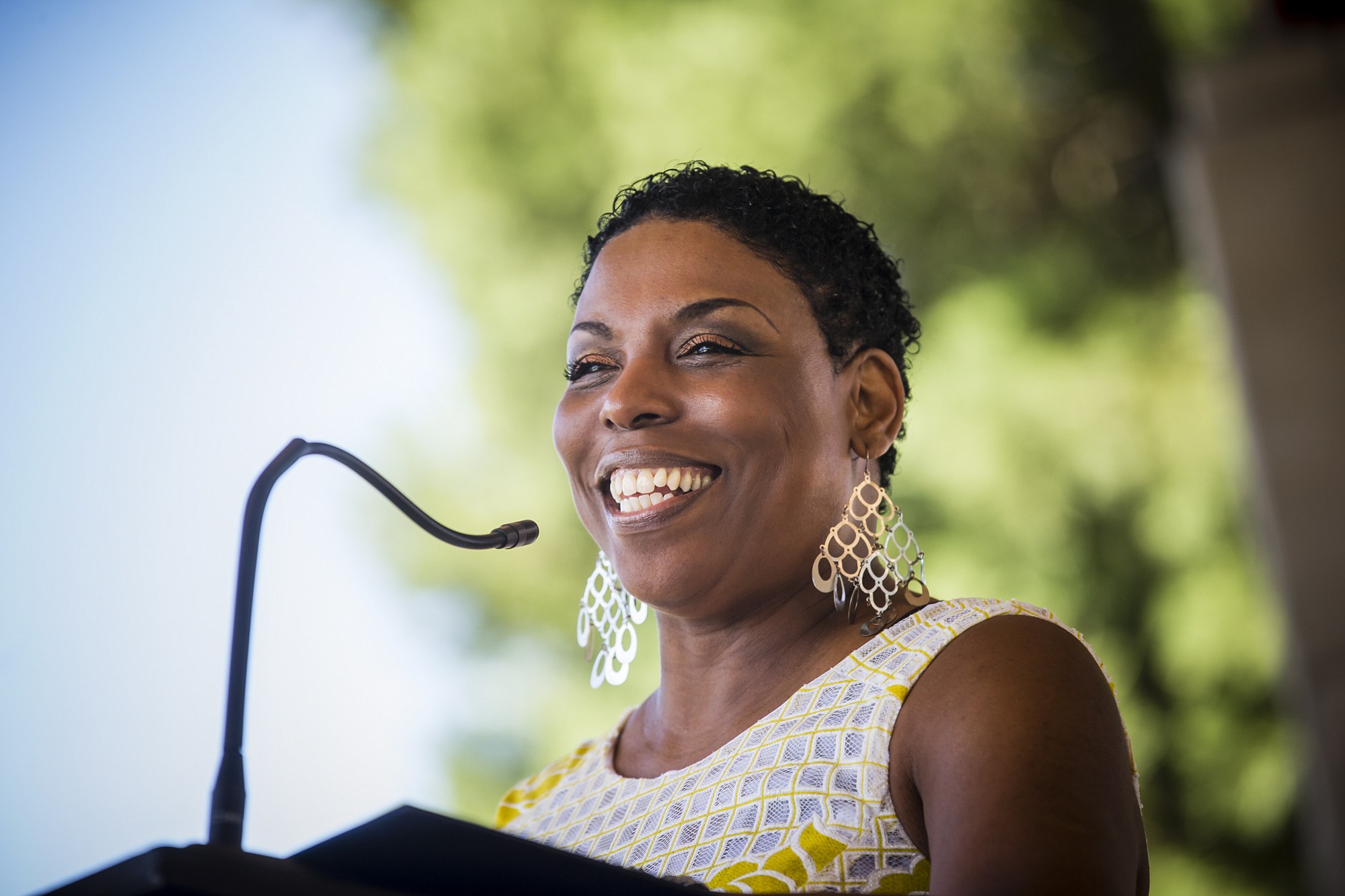 Professor Debra Jenkins, tenured faculty at Clark College, spoke about racial tension at Saturday's Juneteenth event at Marshall Community Park.