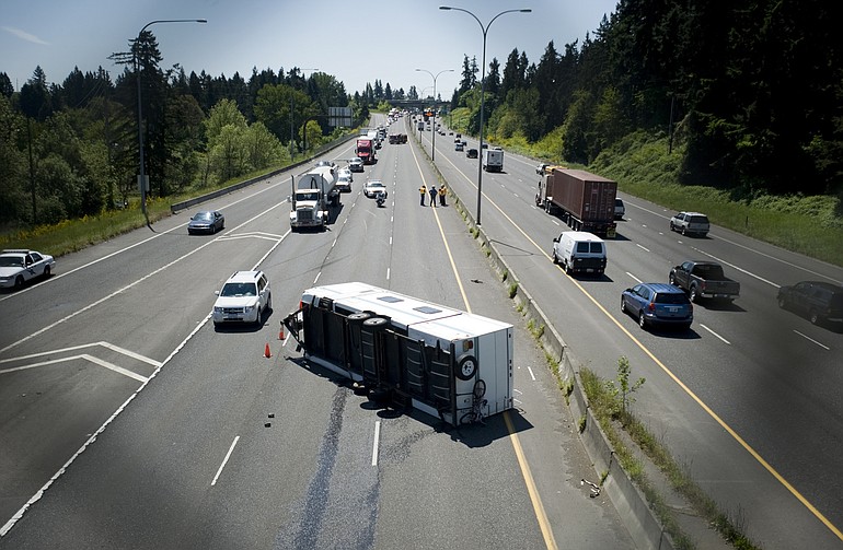 A fifth-wheel trailer overturned on I-5 Northbound near the 39th Street onramp, Friday, May 20, 2011.