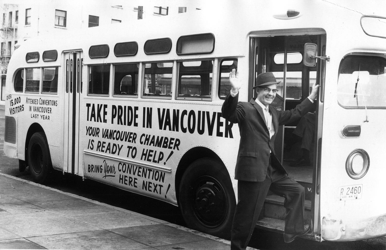 Clark County Historical Museum
Emmet J. Onslow, director of the tourist and convention committee of the Greater Vancouver Chamber of Commerce, boards a city bus encouraging organizations to bring their convention to the city in 1963. The chamber is celebrating its 125th birthday this year.